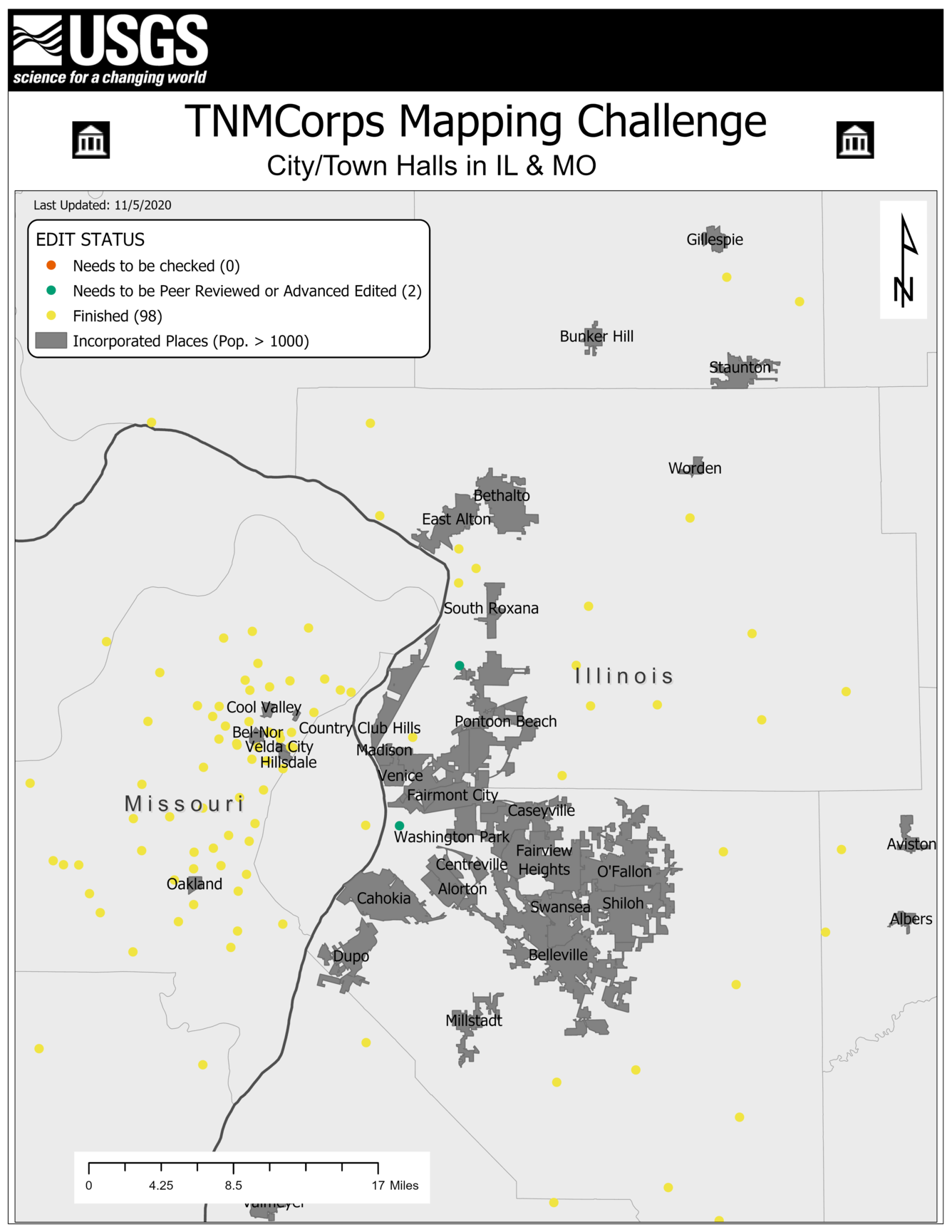 TNMCorps Mapping Challenge: City/Town Halls in IL & MO (IncPl StLouis)