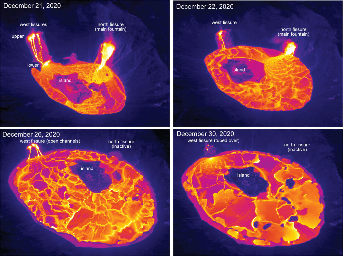 These aerial thermal images of Kīlauea Volcano’s summit compare the changes within Halema‘uma‘u crater