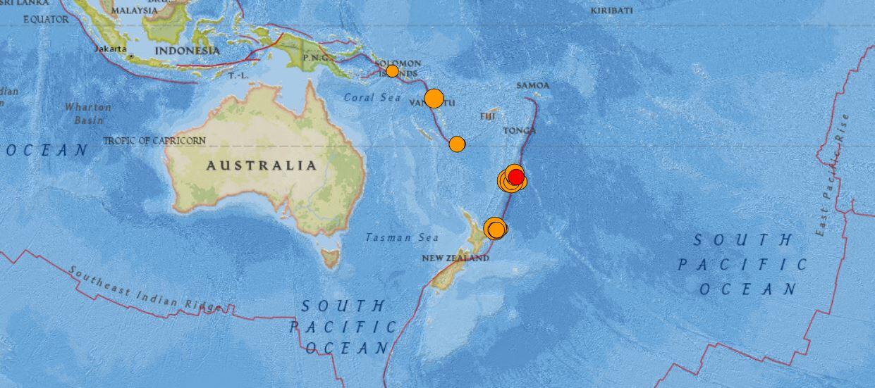 Map of the southern Pacific region showing earthquake epicenters