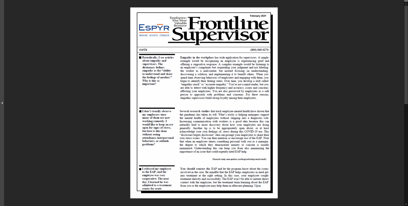 Frontline Supervisor Newsletter Feb 2021 Front Cover