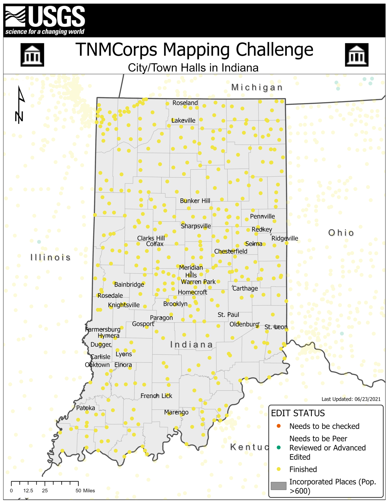 TNMCorps Mapping Challenge: City/Town Halls in IN (wIncPl)