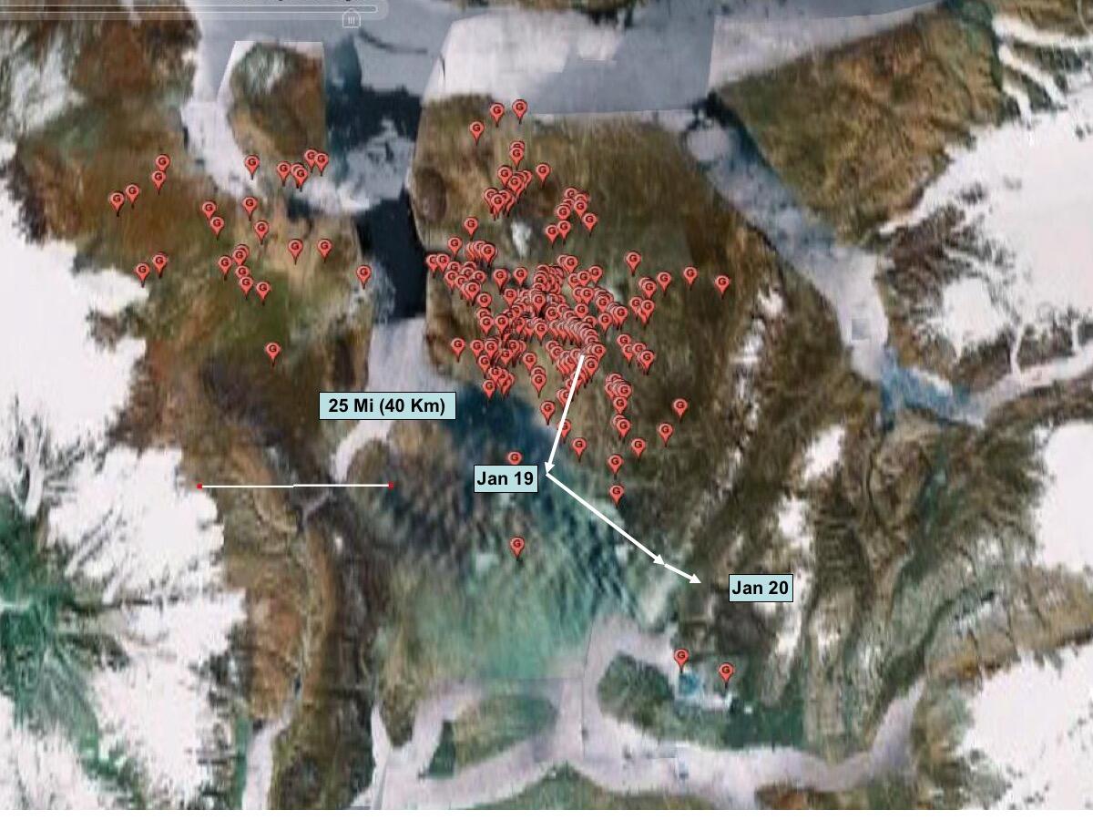 Example of winter movement data for a pack of 20 wolves on Ellesmere Island.