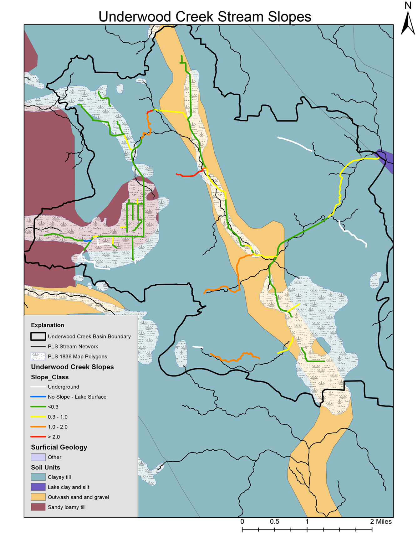 Map showing slope, surficial geology, and soil units of a Underwood Creek stream reach
