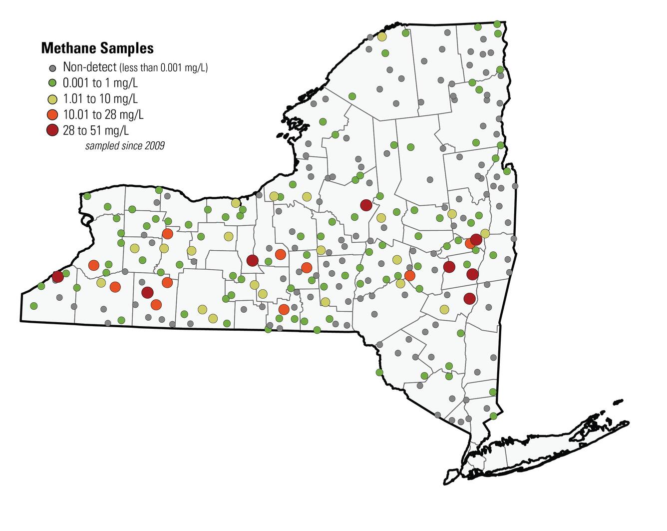 map showing different colors for amounts of methane in groundwater in NY wells