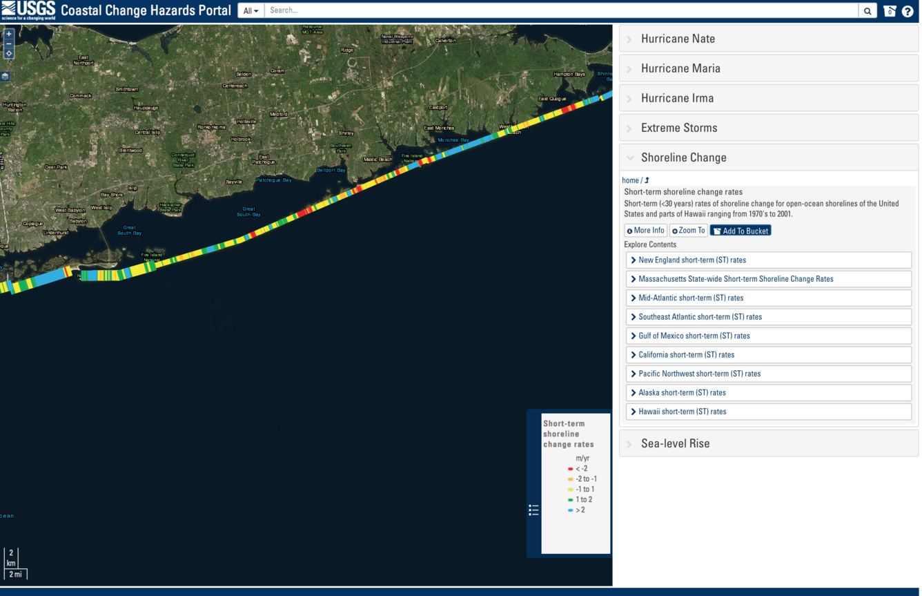 Coastal Change Hazards Portal showing short-term shoreline change at Fire Island