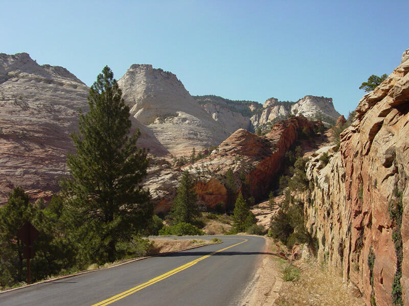 Cliffs of cross-bedded Navajo Sandstone along the Zion-Mt. Carmel Highway in Zion National Park.