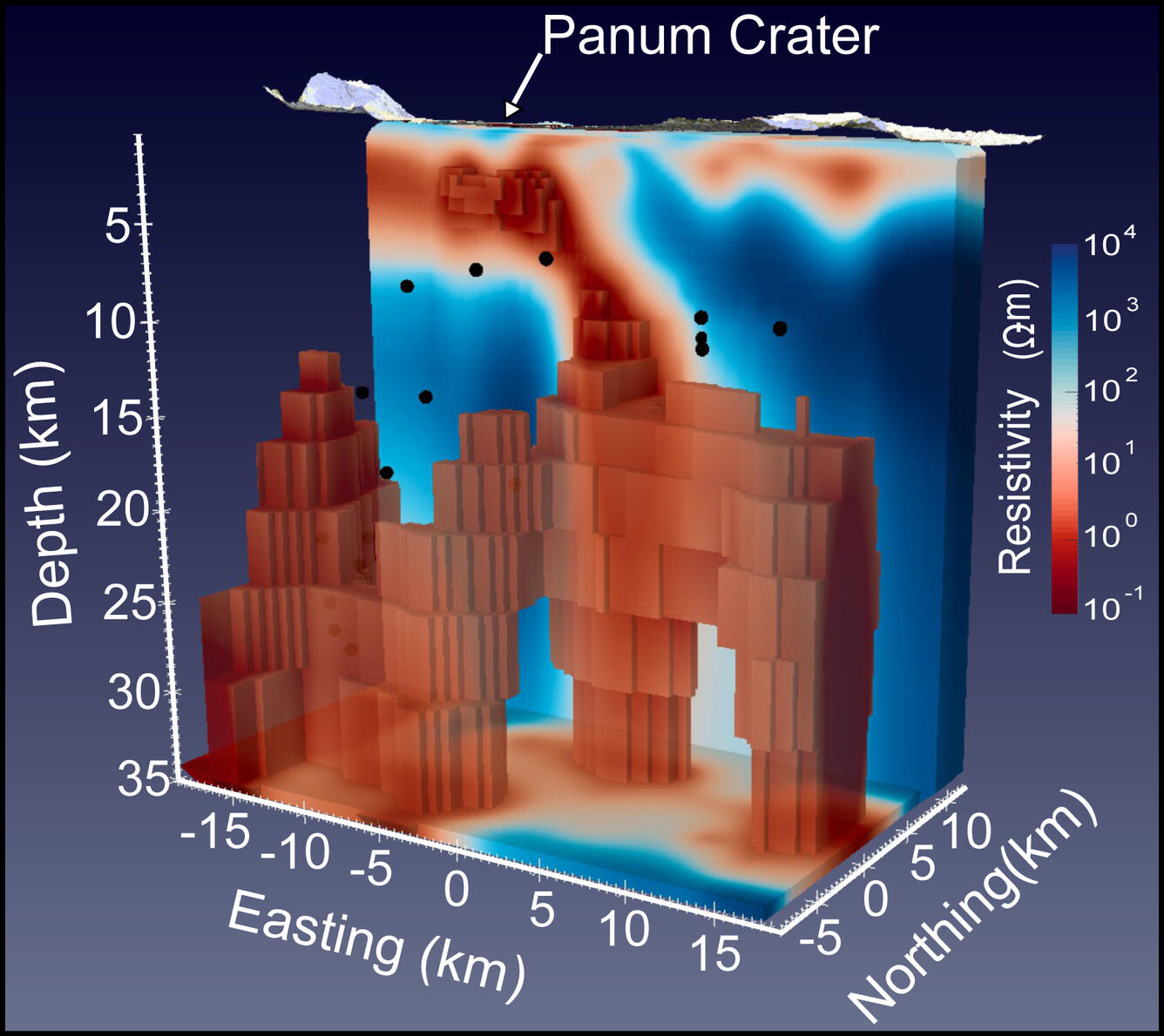Three–dimensional resistivity model view looking northwest showing anomalies below Mono Craters.