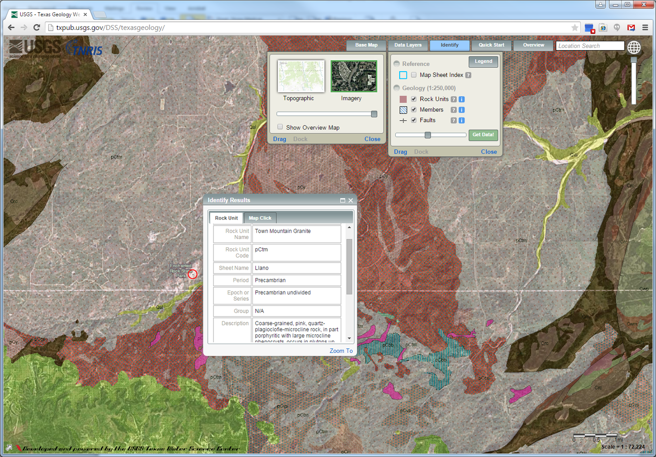Enchanted Rock is a granite formation from the Precambrian age MAP