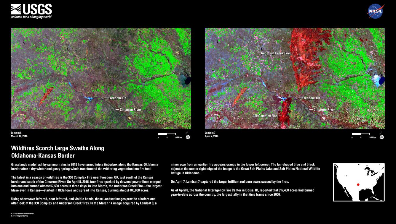 Image shows side-by-side comparisons of the Oklahoma-Kansas border where wildfires raged in 2016