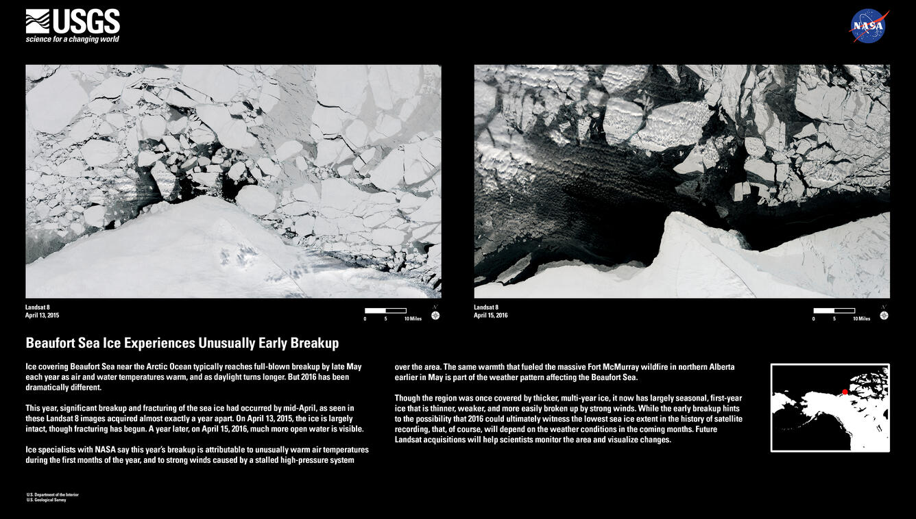 Image shows side-by-side satellite views of sea ice in the Beaufort Sea
