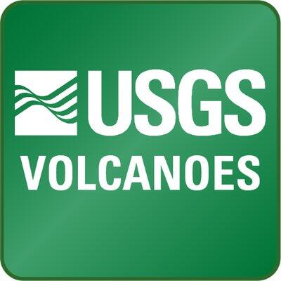 USGS Volcanoes in white text on a green background.