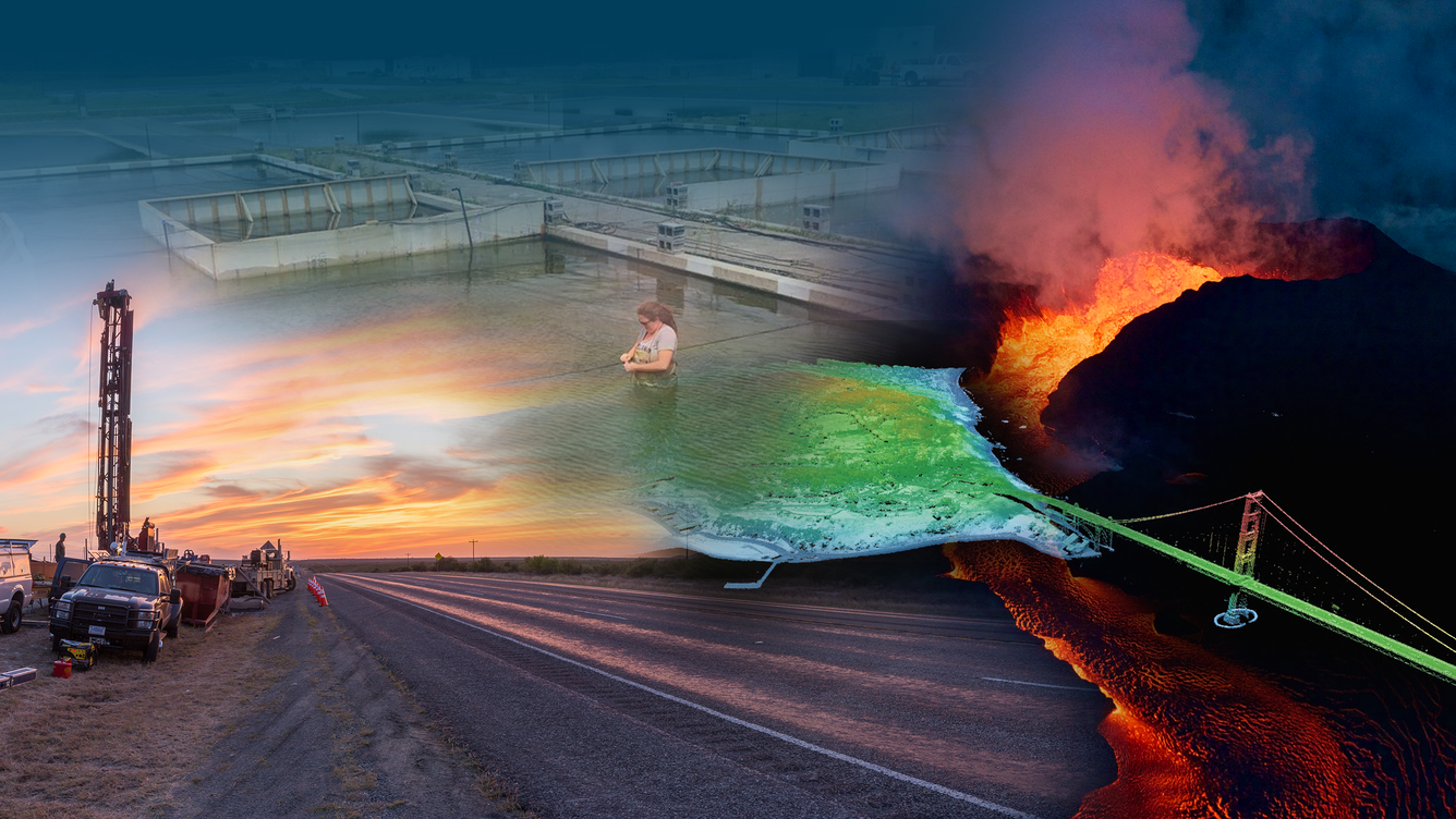 Collage of eagle ford shale assessment site, asian carp sound testing pond, Kilauea Volcano and 3DEP Map of California