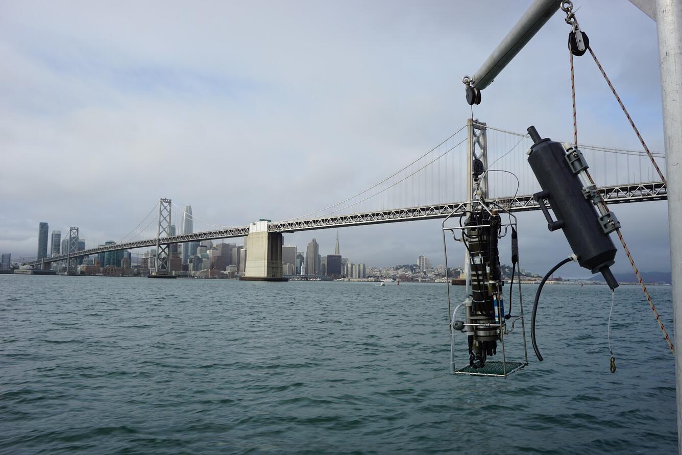A Conductivity, Temperature, and Depth (CTD) package being deployed in San Francisco Bay.
