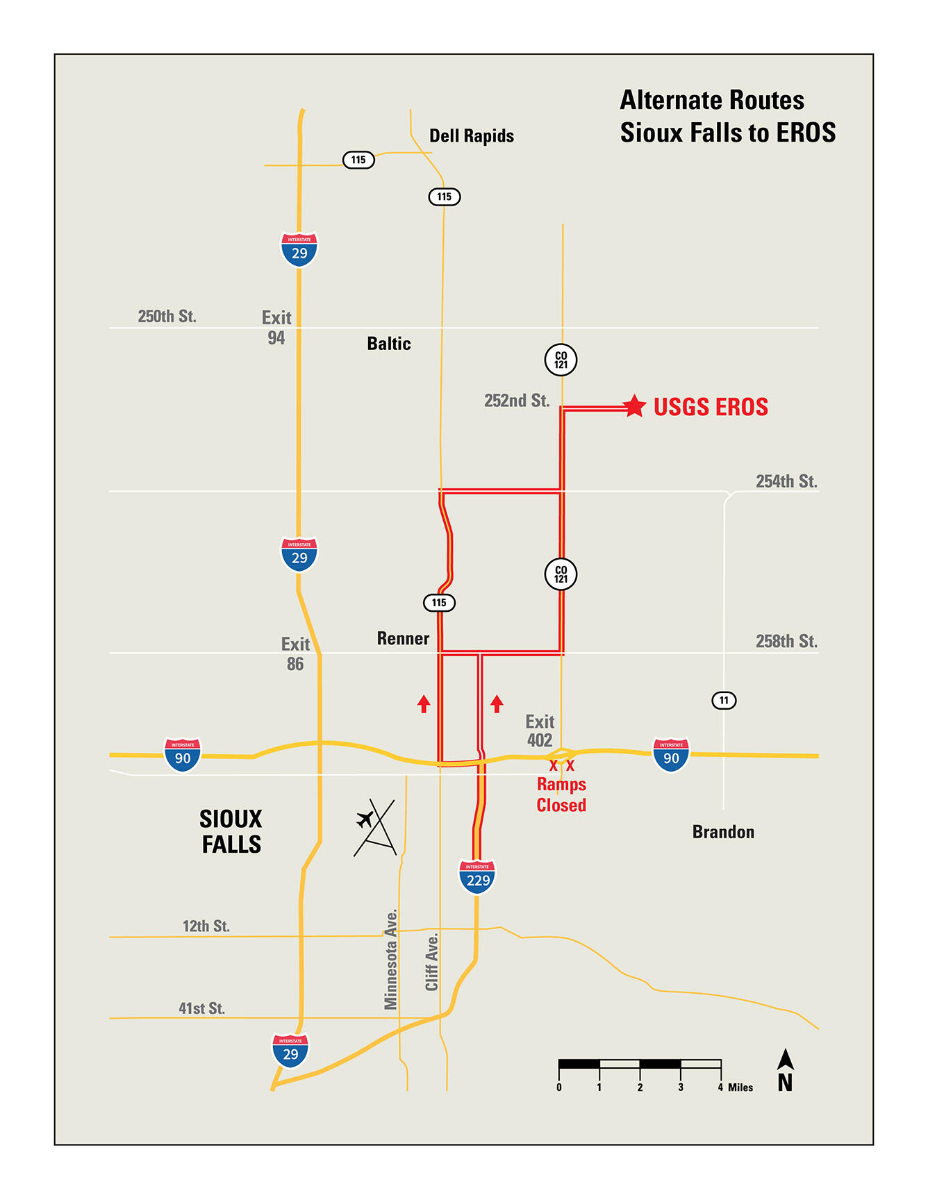 Map of alternate route to USGS EROS Center during road construction
