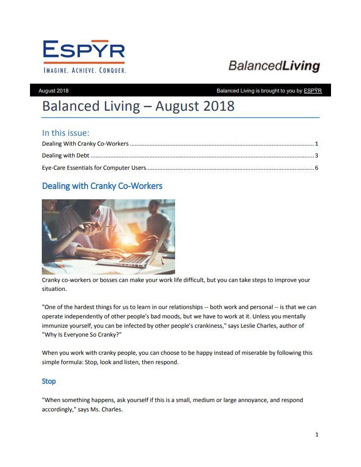Front cover of Balanced Living August 2018 Newsletter