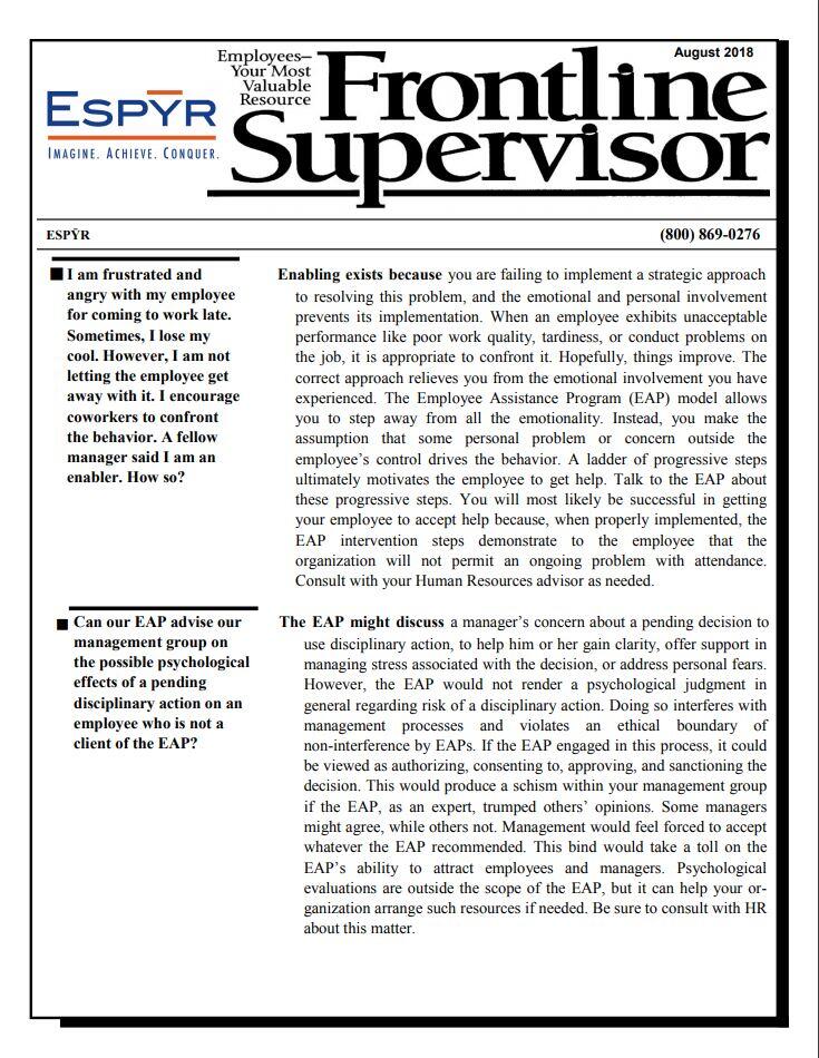 Front cover of Frontline Supervisor August 2018 Newsletter