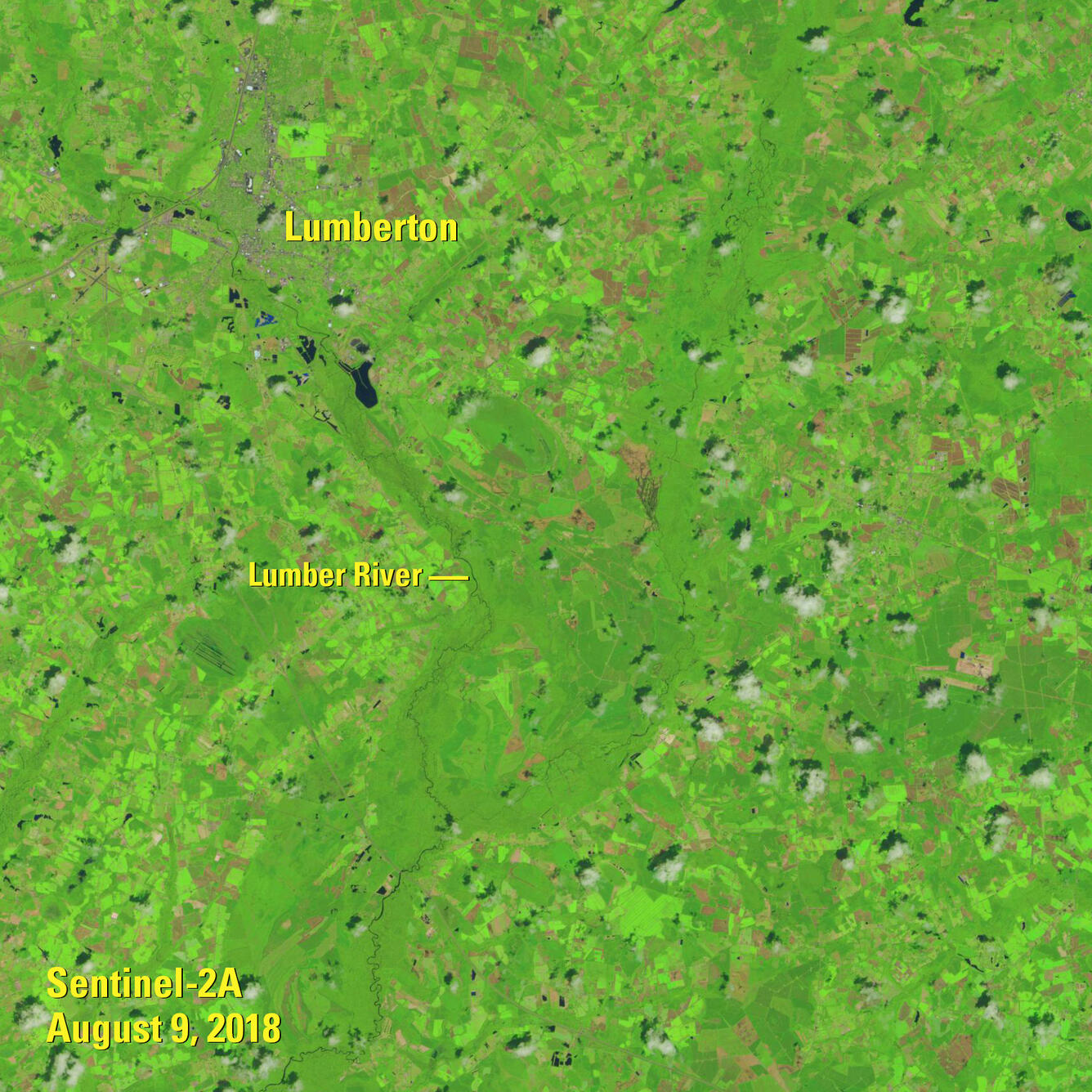 Sentinel-2A image of Lumberton, North Carolina before Hurricane Florence
