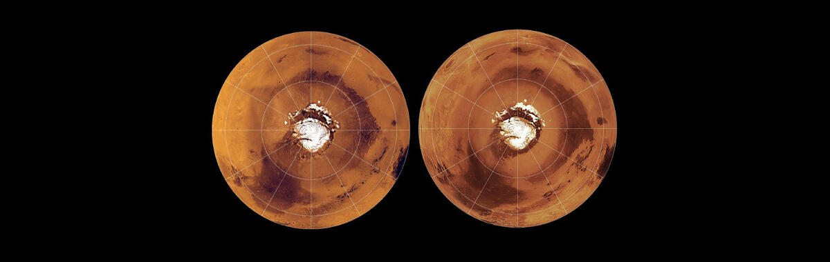 Viking (left) and MGS (right) views of the northern hemisphere of Mars in polar orthographic map projections.