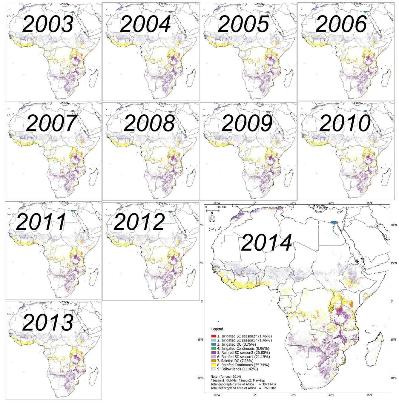 ACM2016 derived cropland products of Africa year after year from year 2003 through the year 2014