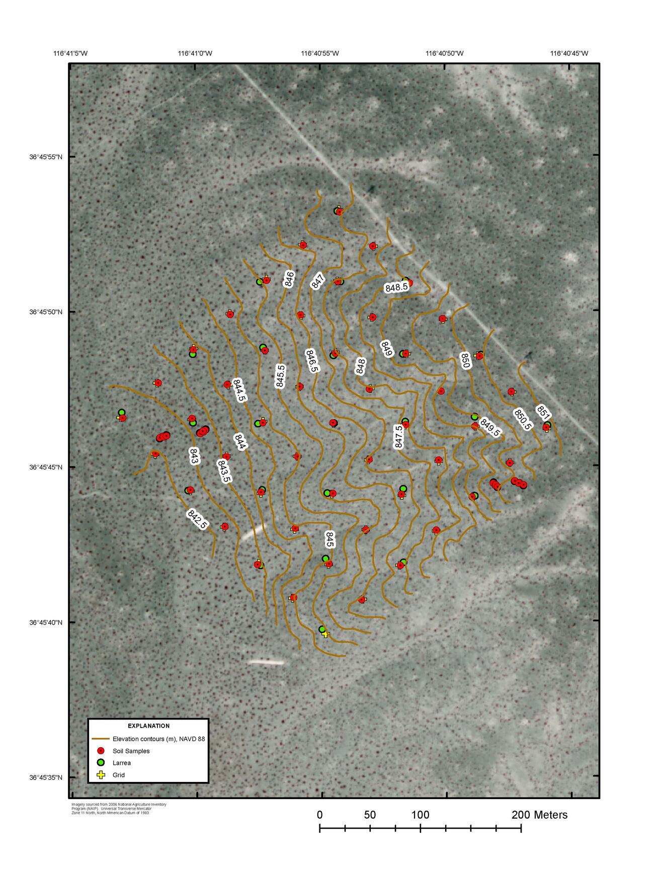 Aerial photo of the Amarigosa Desert Research Site grid area showing elevation contours and sampling sites.