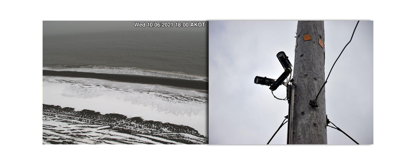 One photo shows a beach with snow, ice, and waves and dark beach sediment, one photo shows the cameras that point at the beach.