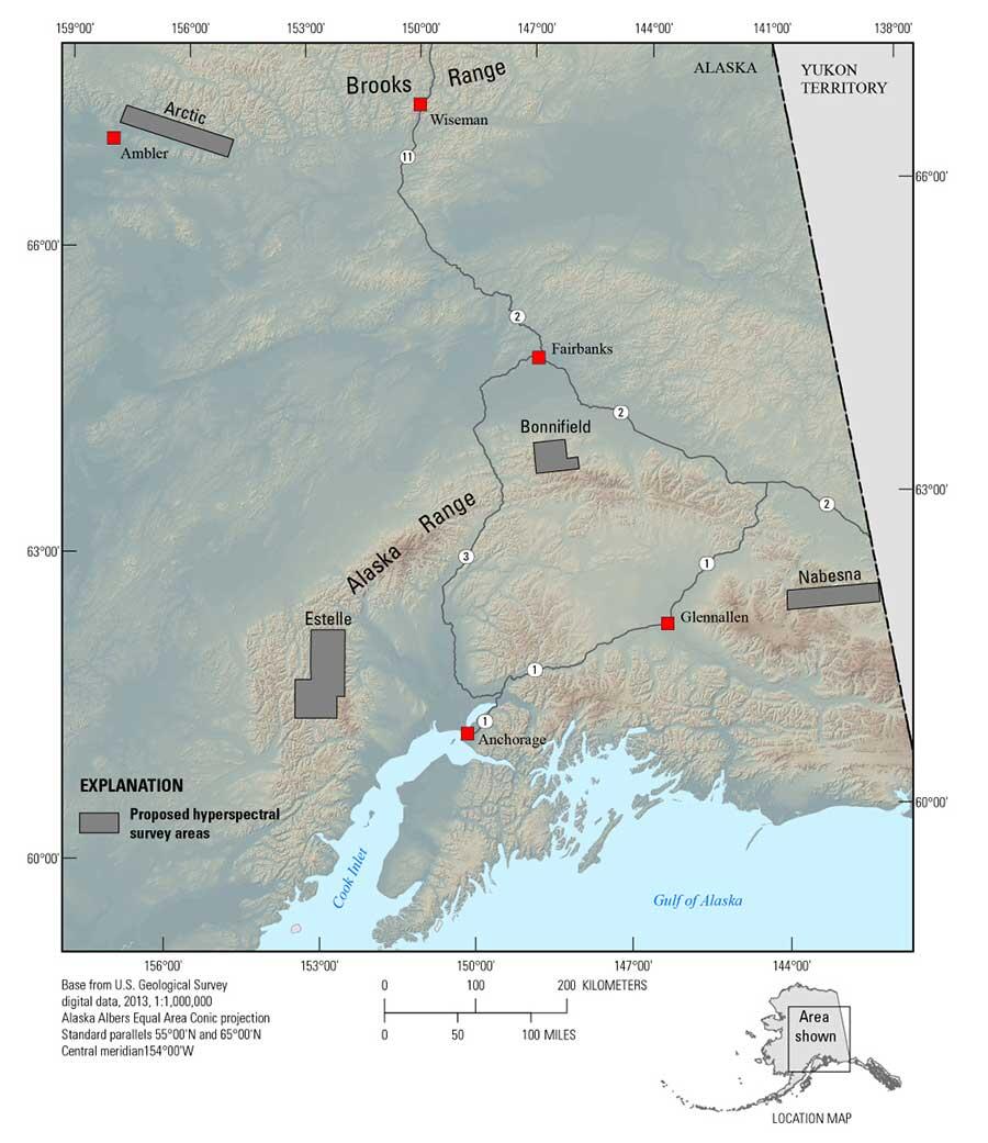 Site location map shows four areas-of-interest where the U.S. Geological Survey plans to collect hyperspectral data