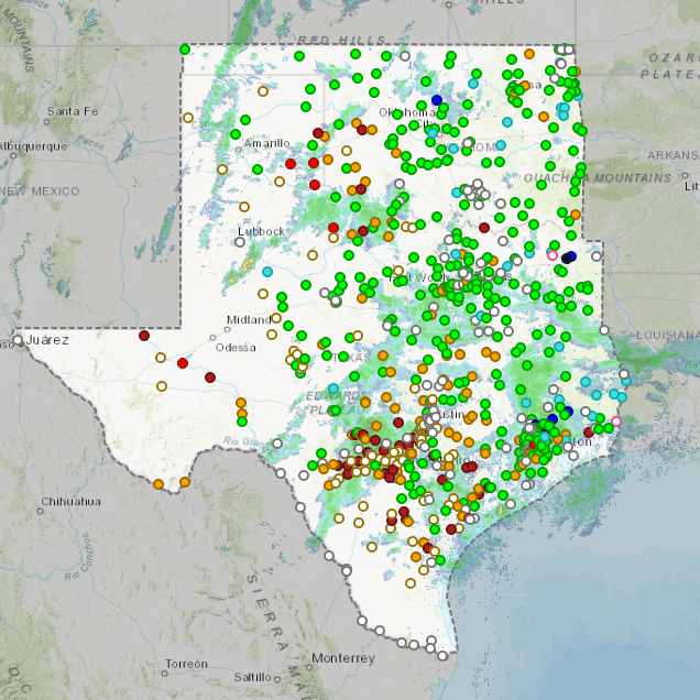 Map of streamgage locations in Texas and Oklahoma
