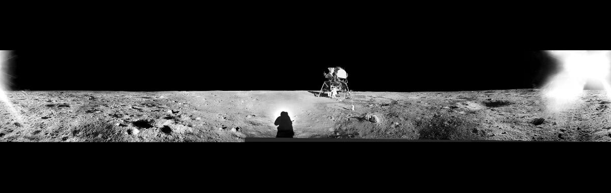 This panorama was collected by Neil Armstrong from a spot east of the landing module while Buzz Aldrin was unloading the science