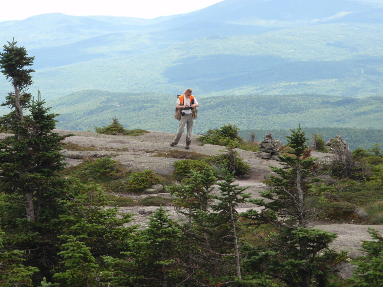 Andrew Strassman of USGS UMESC performing field reconnaissance, July 14, 2013, Appalachian Trail on Saddleback Mountain in Maine