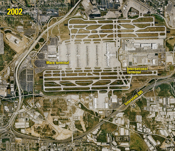 Color animation of change to the Atlanta Airport between 2002 and 2019