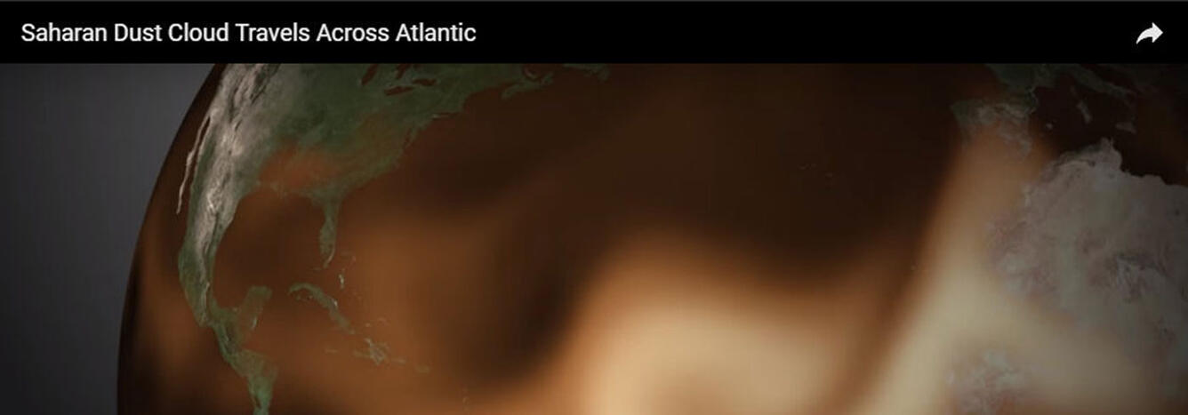 Satellite type view of a dust cloud from Africa travelling across the Atlantic Ocean.