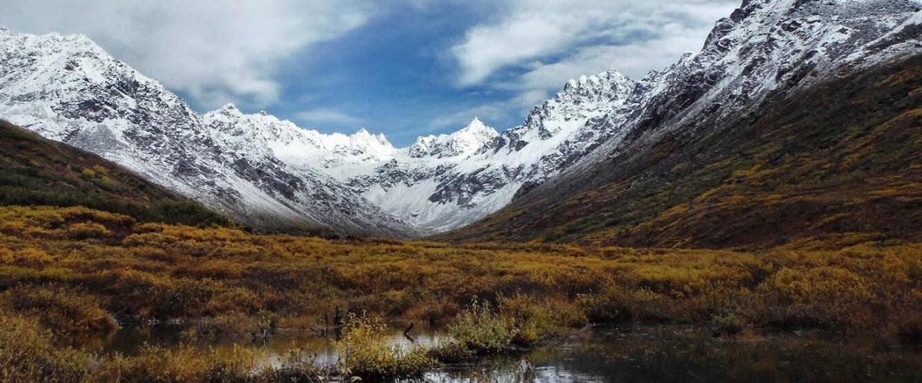 Alaska Interior mountain range shot with snow capped mountains. 