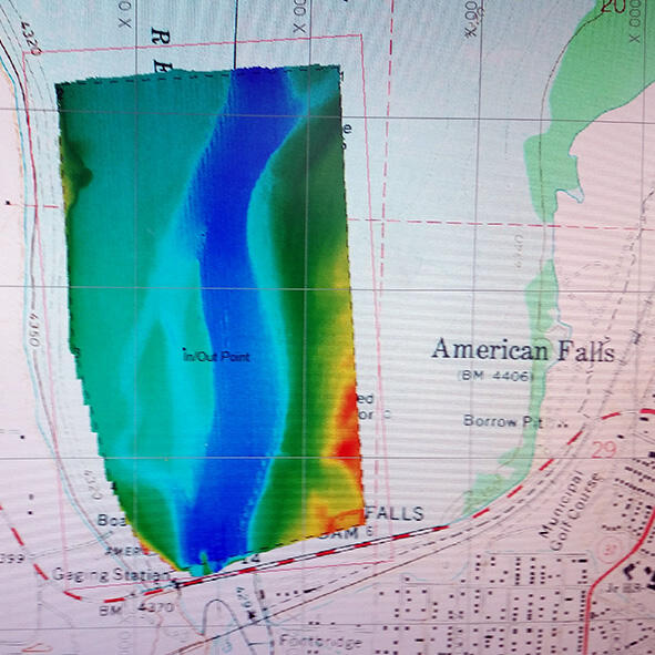 Computer screen showing bathymetry data from American Falls Reservoir, Idaho