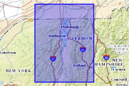 Screenshot of the map showing area near the Lake Champlain Vermont 