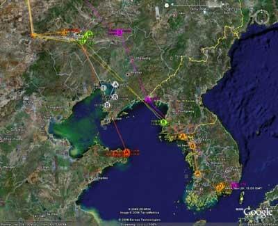 Tracking data lines on Google Earth map of Asia in particular the Yellow Sea