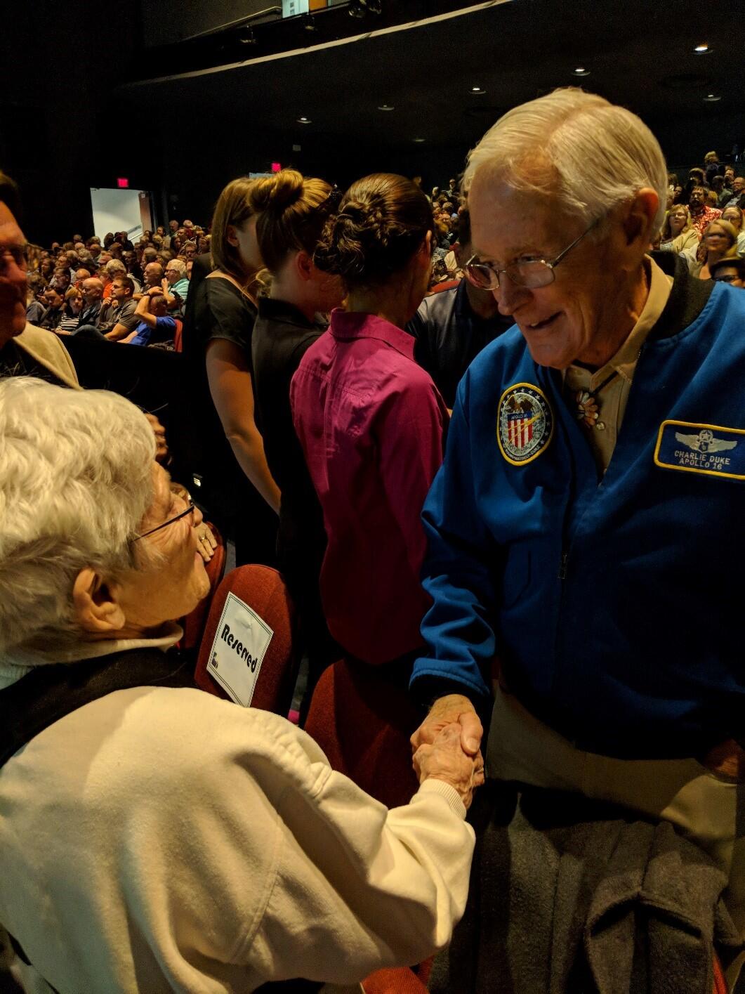 Carolyn greeting Apollo 16 Lunar Module Pilot General Charlie Duke in 2019.