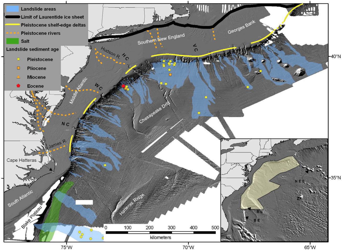 Seafloor (dark gray) off the U.S. East Coast, showing areas of past landslides (blue)