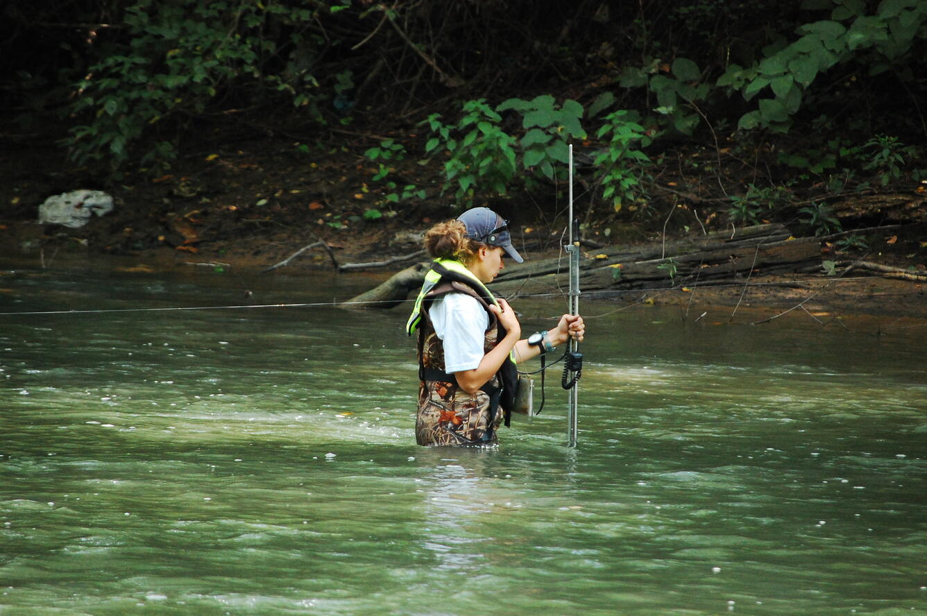 USGS employee conducts measurement at USGS gage 03198500 Big Coal River at Ashford WV