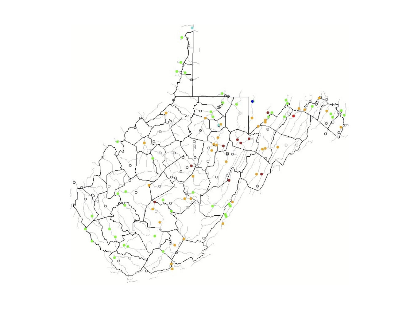West Virginia State Map Showing Streamgage Locations