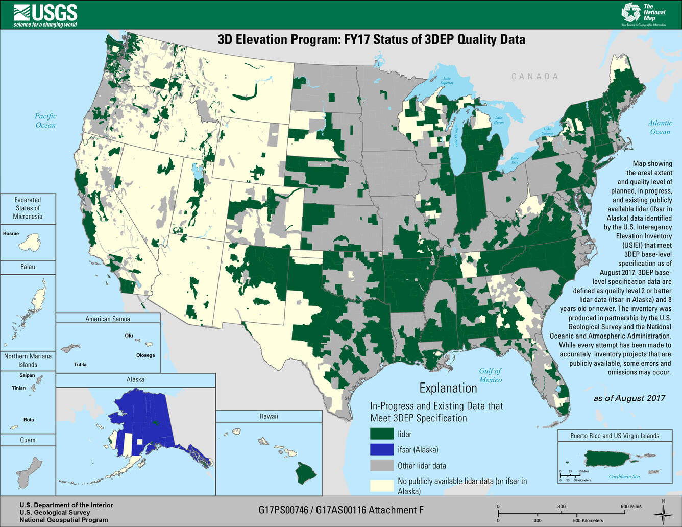 areal extent and quality level of planned, in progress, and existing publicly available lidar (ifsar in Alaska) data