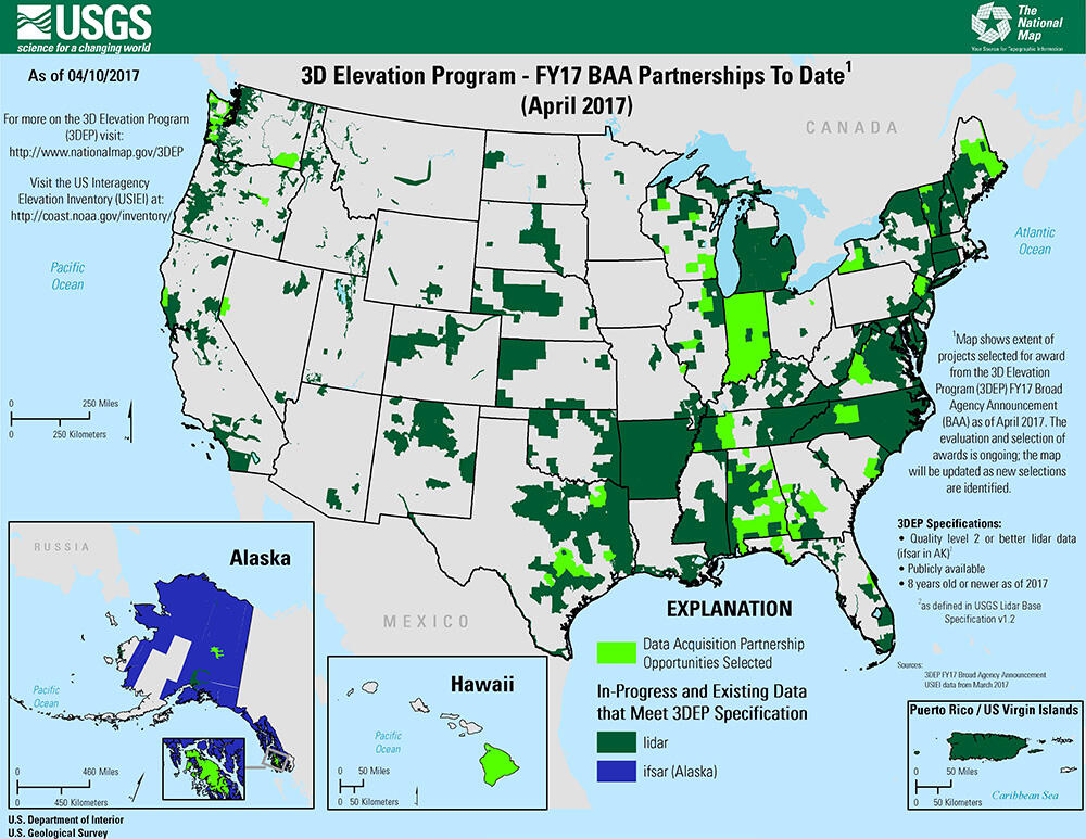 Map shows extent of projects selected for award from the 3D Elevation FY17 Broad Agency Annoincement as of April 2017