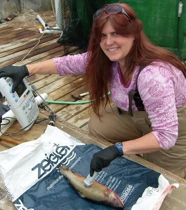 Christina Densmore practicing ultrasound techniques for fish