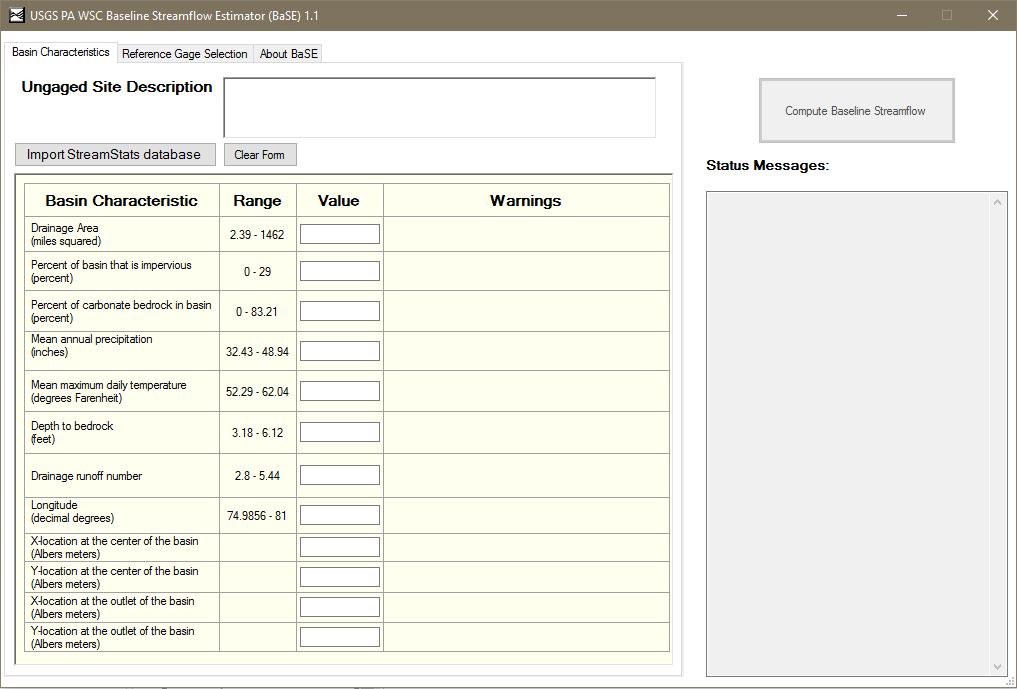 Pennsylvania Baseline Streamflow Estimator Screen Capture