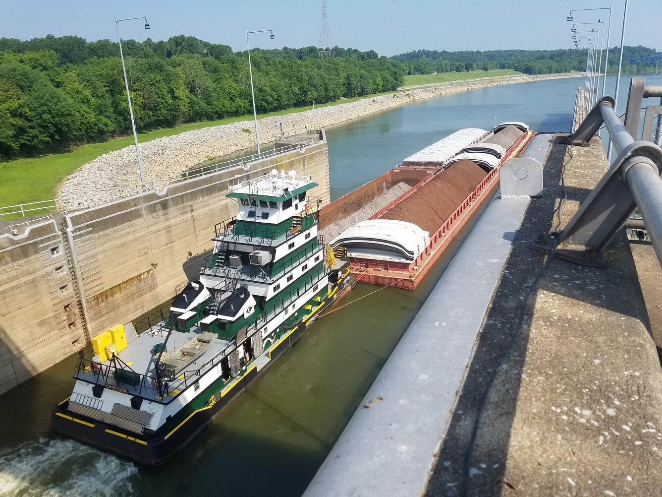 Barge leaving Lock on Barkley Lake, Kentucky
