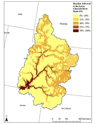 Percentage of base flow delivered to the Lower Colorado River from incremental reaches of the Upper Colorado River