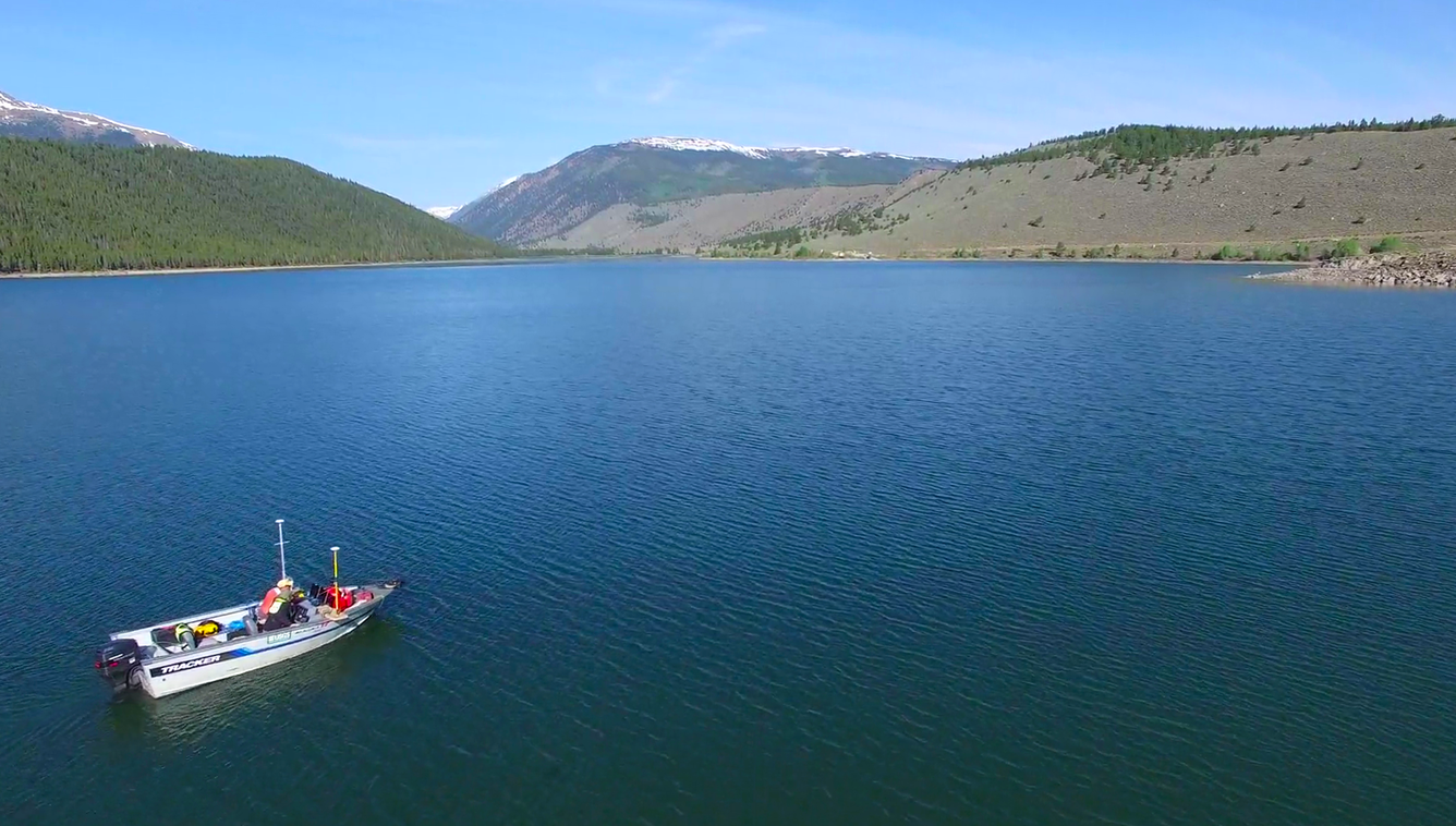 USGS research vessel collecting bathymetry data at Clear Creek Reservoir.
