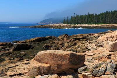 Blue waters lap against rocky shoreline in Acadia.