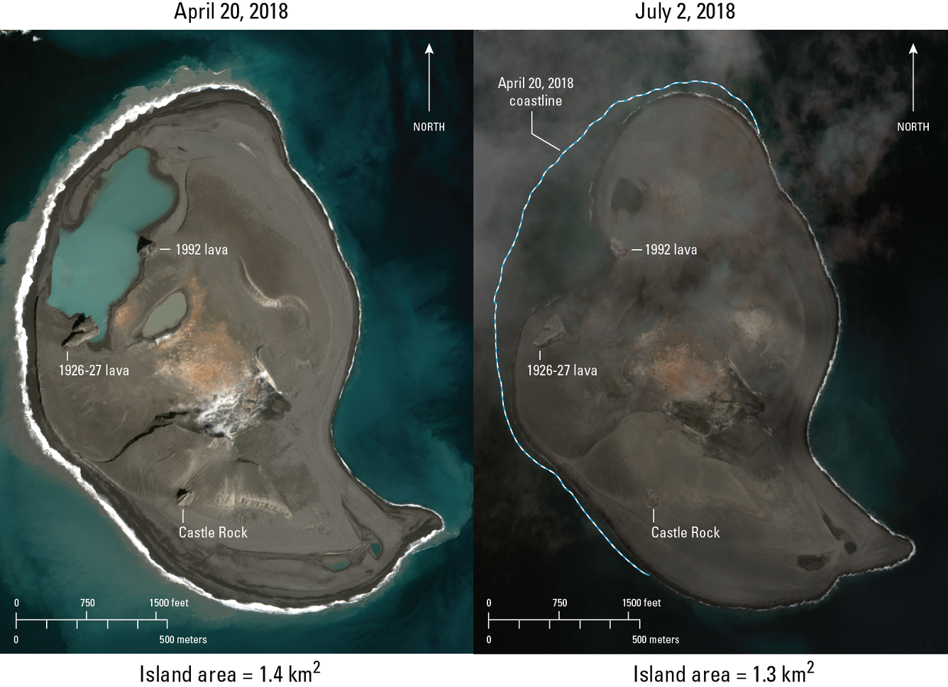 Bogoslof Volcano under marine erosion from April 20 to July 2, 2018
