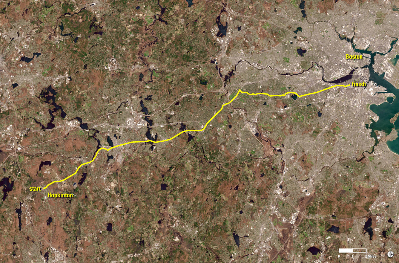 Satellit image showing the path for the Boston marathon