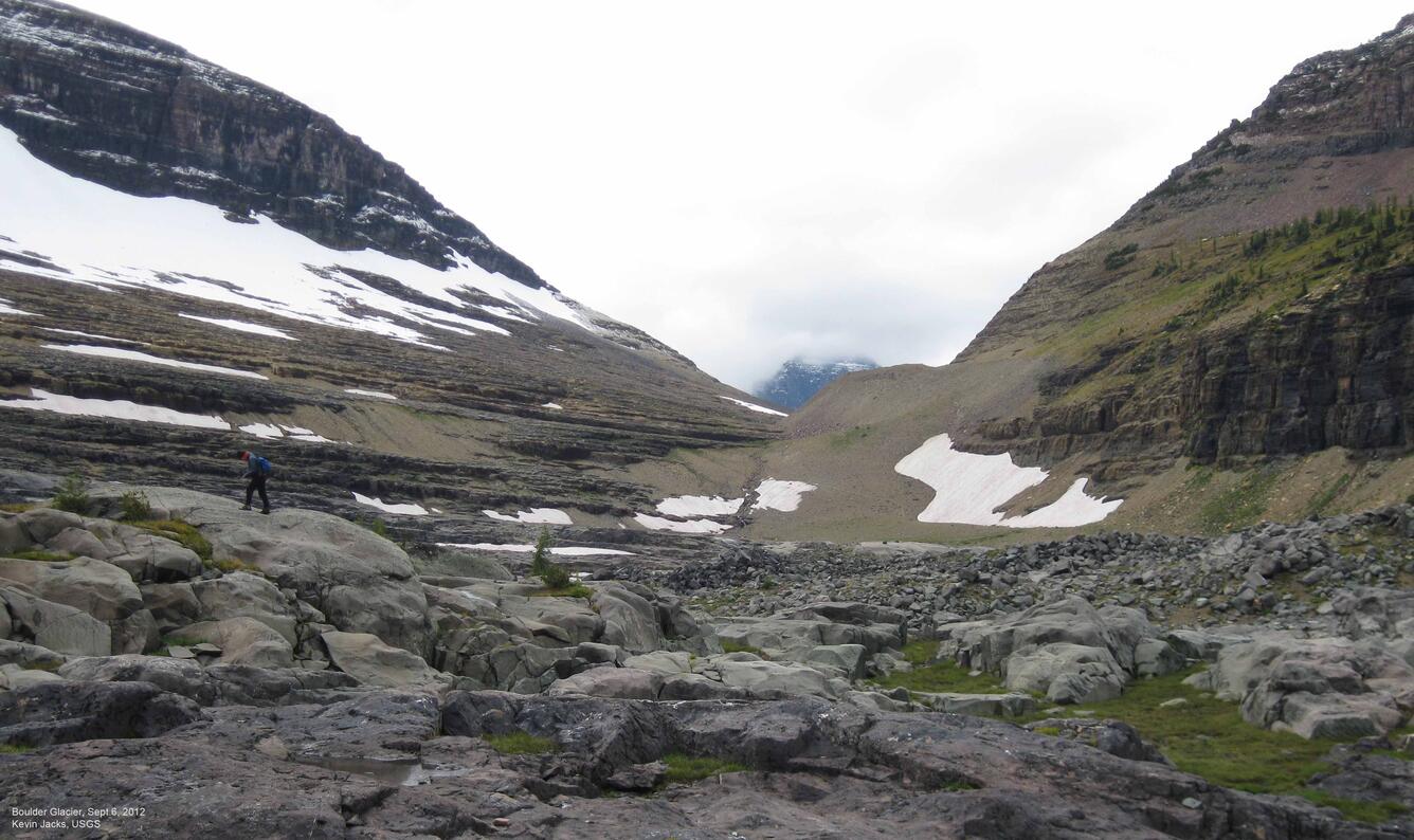 Boulder field where glacier used to be, now shrinking away.